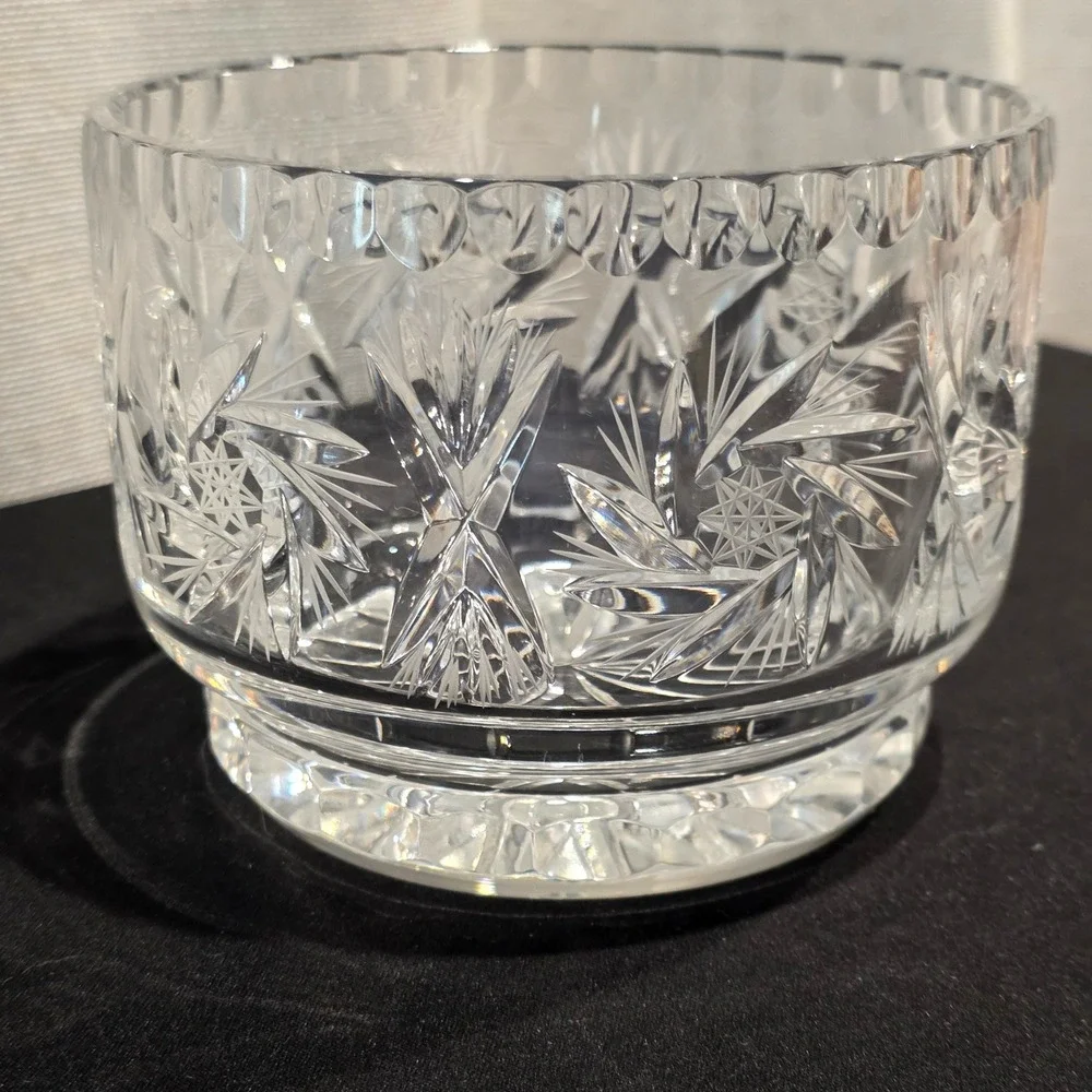 Vintage Pinwheel Cut Crystal Glass Serving Bowl Ice Bucket Scalloped Rim Heavy